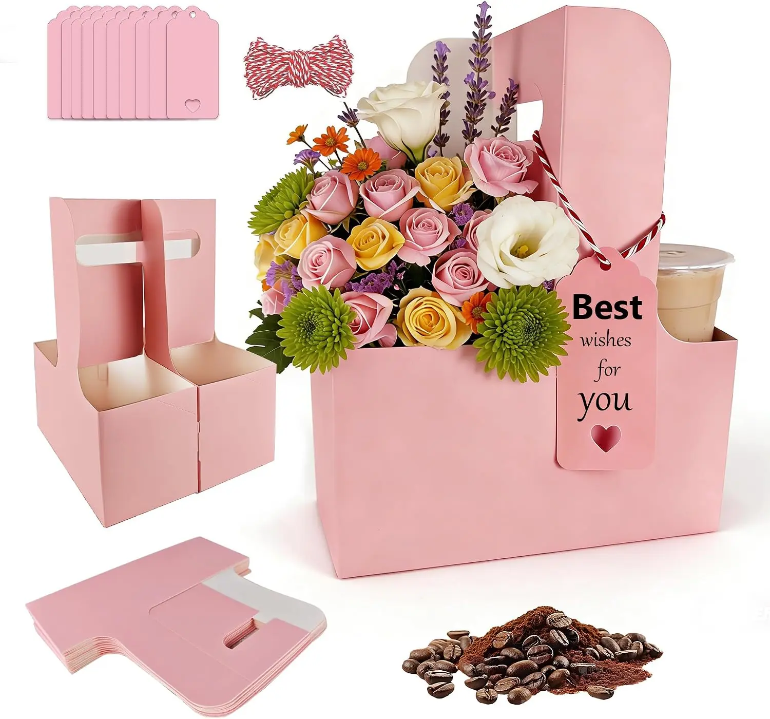 15 Pack Pink 2 Cup Drink Carrier with Handle, Disposable Cardboard Coffee Cup Holder for Hot or Cold Drinks, Coffee Carrier with Ribbon & Card for Food Delivery, Takeout and Bouquet Arrangement