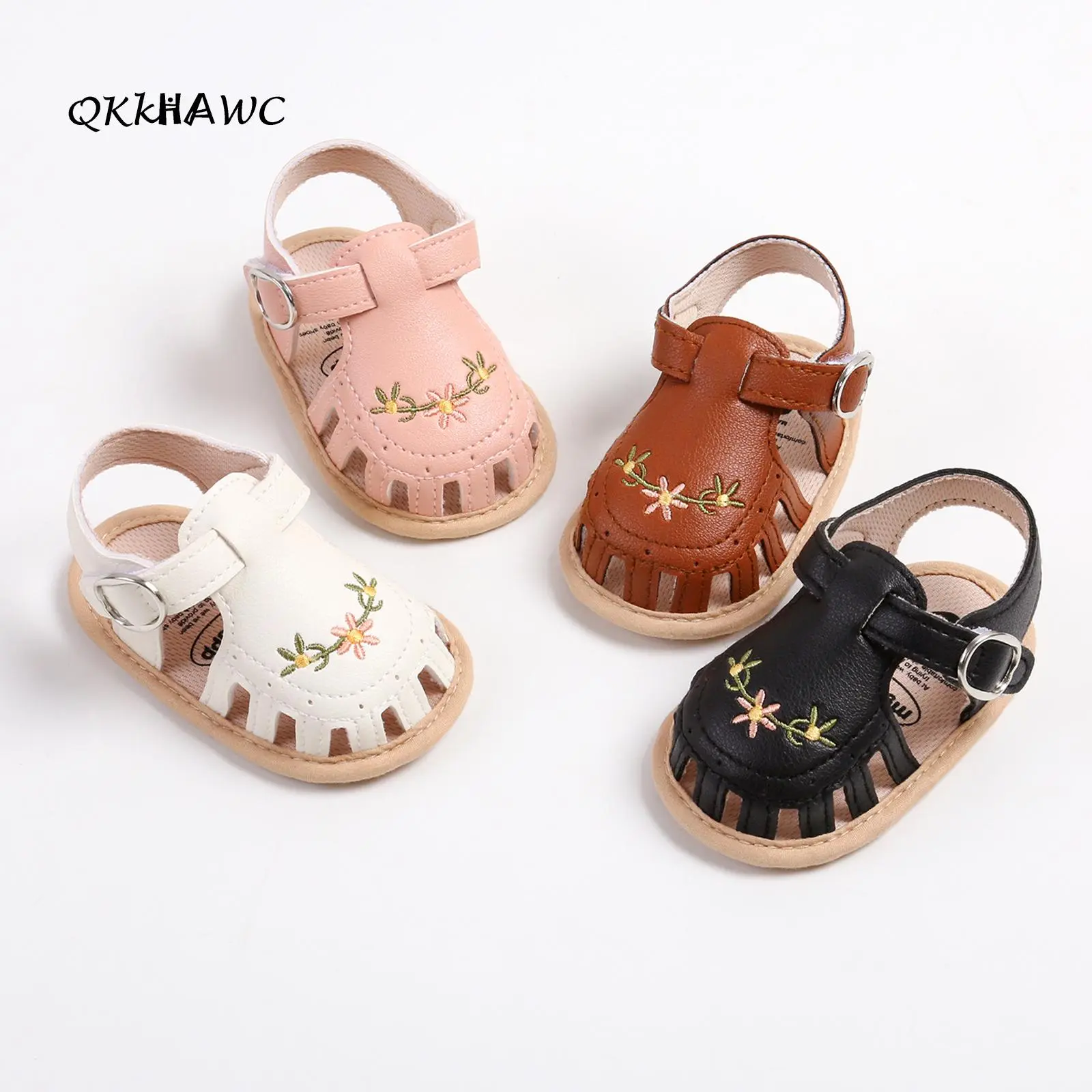 Girl's flower embroidered closed toe first step walking sandals, soft bottom anti slip adjustable lace up front walking shoes, cute summer baby walking sandals suitable for beach vacation
