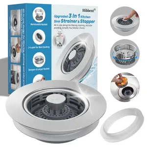 Hibbent Upgraded 3 in 1 Kitchen Sink Drain Strainer, Stainless Steel Pop Up Sink Stopper, Larger Anti-Clogging Basket, 3-Layer Seal, Detachable Drain Plug for US Standard 3-1/2" Drain, Brushed Nickel