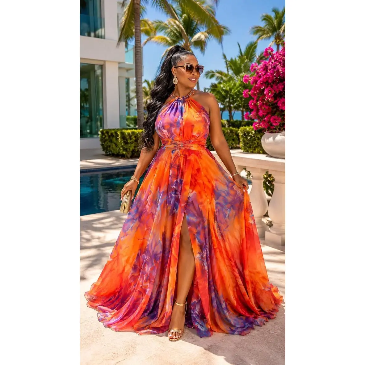 "Center of Attention" Orange Beaded Ruched Halter A-Line Sundress Wedding Guest Birthday Dinner Cocktail Party Reception