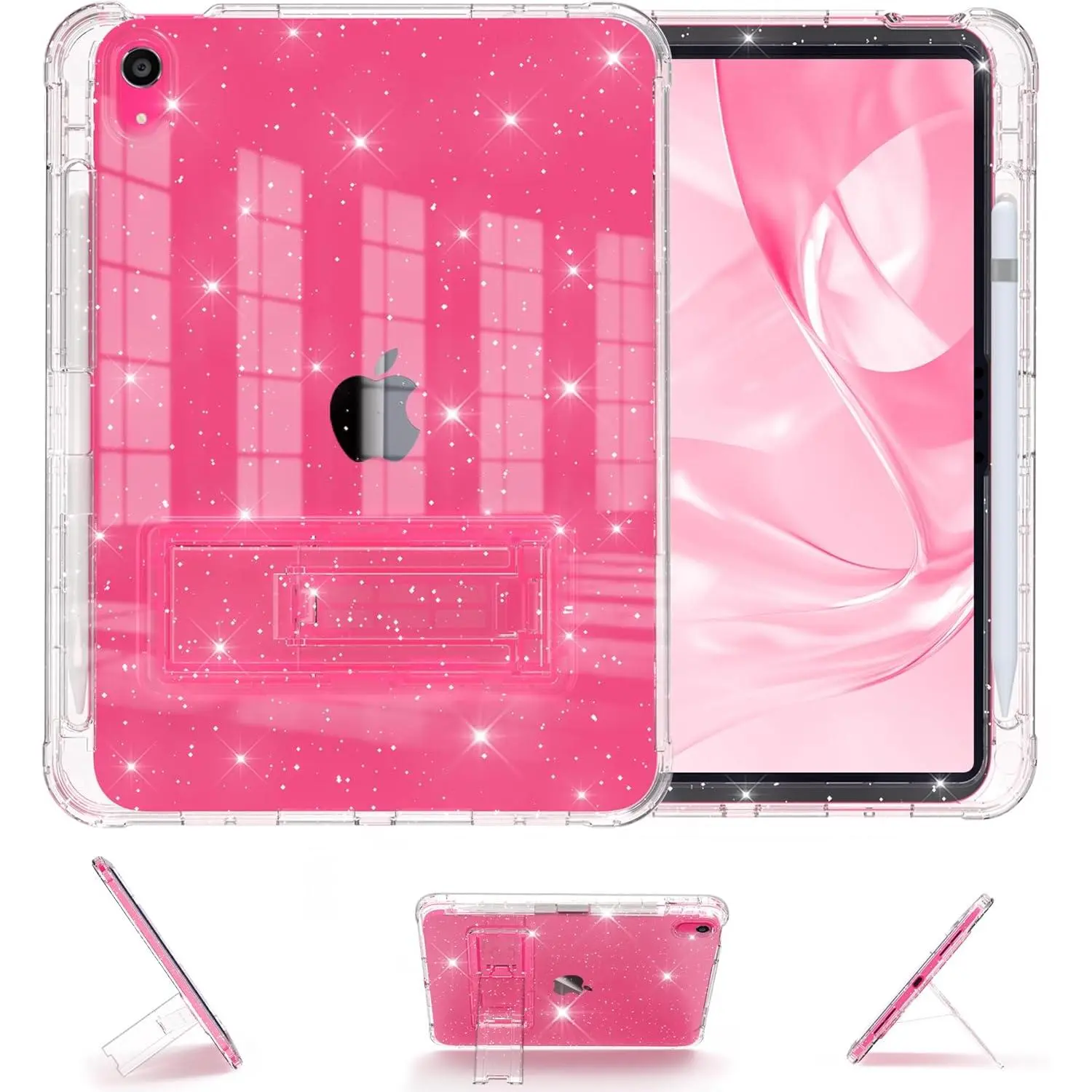 Case for iPad 11-Inch (A16) 11th Generation 2026 / iPad 10th Generation Case, Pencil Holder & Kickstand - Slim, Glittery and Shockproof Bumper for Women and Girls, Clear Glitter