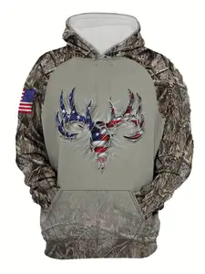 American Camo Hoodie with Us Flag Deer Skull Design, Ethnic, Fitted Long Sleeve Casual Sweatshirt, Outdoor American Style, All Seasons