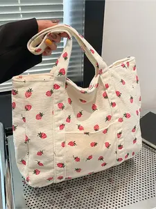Cute Strawberry Pattern Flannel Handbag - A Large-capacity Fashionable Shopping Bag for Women, with Adjustable Shoulder Straps, White Base with Red Strawberry Pattern, Open Design - Casual Daily Handbag, Travel Handbag | Lightweight and Versatile