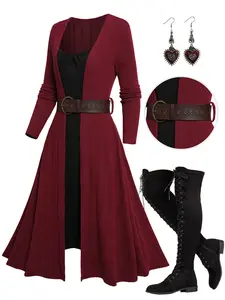 2025 Women's Christmas Dresses Rib Contrast Long Sleeve O Ring Belt 2 In 1 Knit Dress Fall Winter Dress
