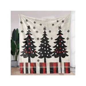 Festive Christmas Throw Blanket with Black Trees, Red White Dots, Snowflakes & Plaid Detail