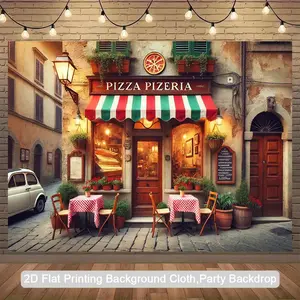 2D Flat, 1pc Italian Pizzeria Backdrop - Realistic Pizza Restaurant Scene with Red & Green Striped Awning - Durable Polyester Photography Background for Birthday, Anniversary, Italian-Themed Party Decorations - Indoor/Outdoor Decoration - No Electricity