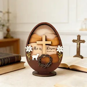 Easter Egg Wooden Ornament He Has Risen 3D Cross Decoration Matthew Gospel 28:6 Christian Gift Religious Home Decor Church Present Wooden Cross Decorations