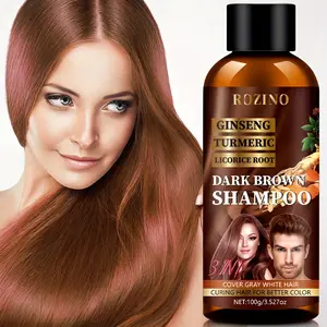 【Ten pack】ROZINO Dark Brown Shampoo with Ginseng Turmeric & Licorice Root for Covering Gray White Hair 100g*10 Enhances Hair Color