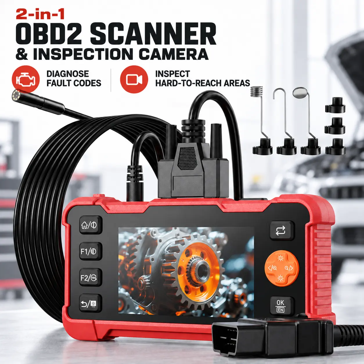 2-in-1 Portable OBD-II Engine System Diagnostic Tool with Borescope Camera, 4.3" IPS Display Car Code Reader, 2MP Inspection Camera, Live Data, Code Clearing, IP67 Semi-Rigid Probe, Plug-and-Play, No App Required, Portable Obd-Ii Engine System Diagnostic