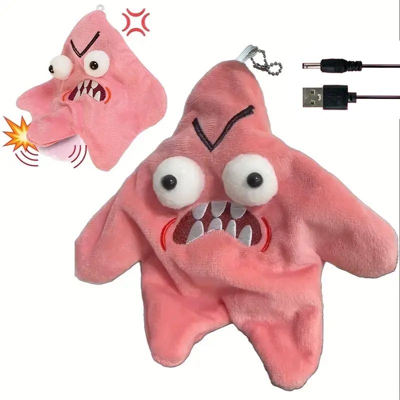 Grumpy Starfish Electric Plush Toy - Wriggles when tapped - Rechargeable Soft Pink Starfish with Expressive Eyes and Sharp Teeth GREAT FOR GIFT!
