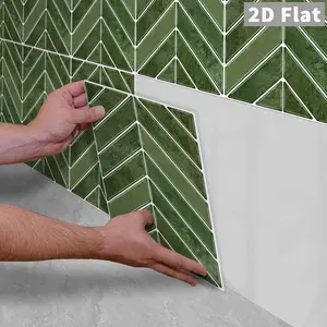 10PCS/Color Box GST Retro Olive Green Glazed Herringbone PE Foam Tile Stickers, Waterproof Oil-Proof Shockproof Wear-Resistant Peel & Stick Wall Decals for Kitchen Bathroom Bedroom Office Indoor Renovation Decor