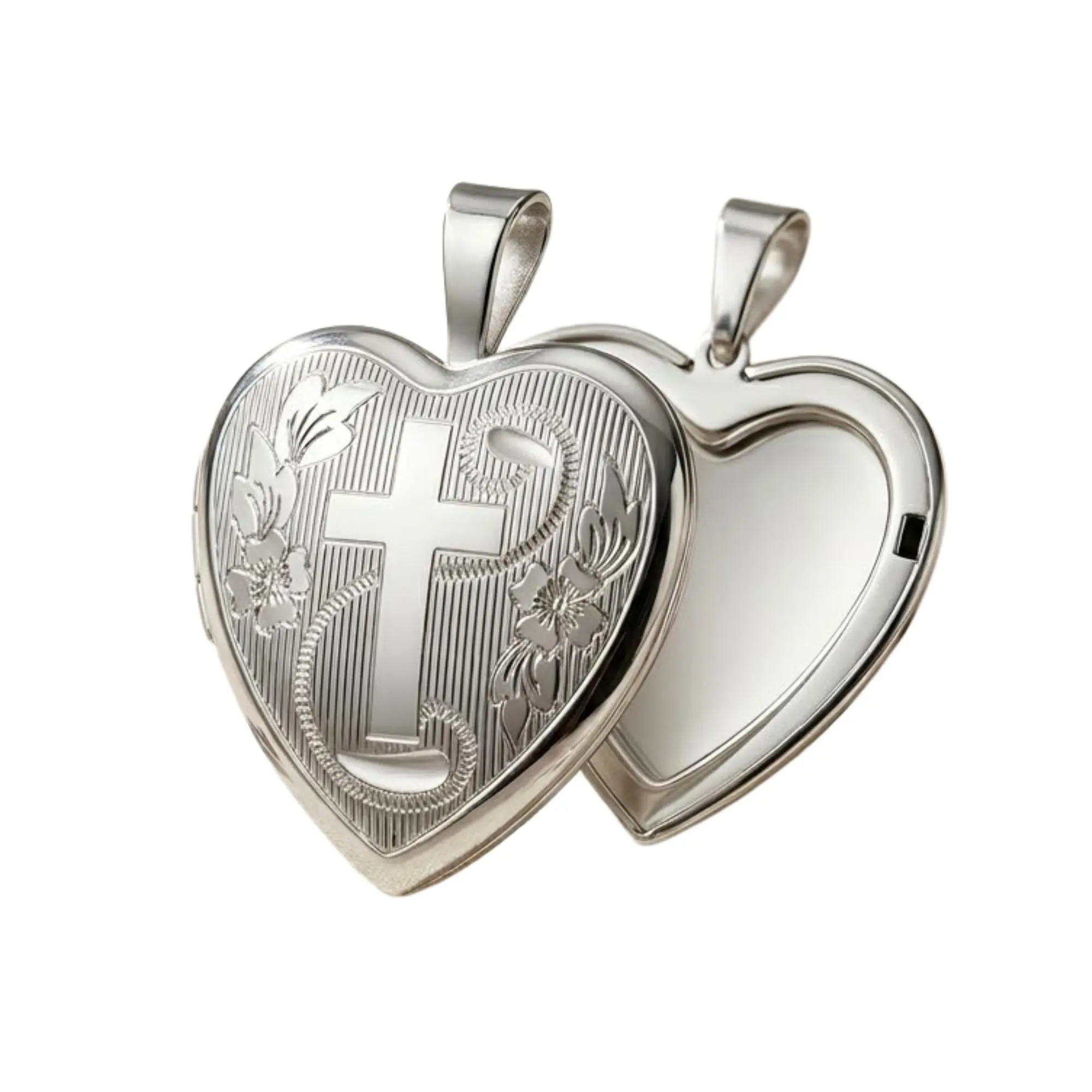Women's Elegant Sterling Silver Vintage Engraved Heart Cross Locket Pendant - Raised Cross, Scrolling Floral Vines Borders, Satin-Finished, 2 Dual Photo Slots, Snap-Latch Mechanism, Solid Top Bail, Diamond Accent Christian Jewelry Gift for Birthday
