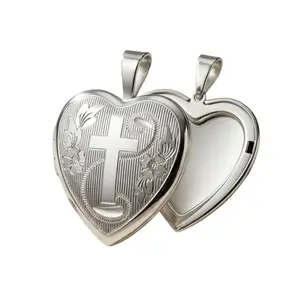 Vintage Silver Heart Cross Locket Pendant, Elegant Floral Engraved Picture Locket, Sentimental Christian Religious Jewelry Gift for Female