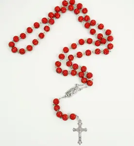 Flame Red Bead Rosary Necklace Vibrant Multicolor Rosary Cross Pendant Necklace 20.4inch Elegant Gift Idea for Catholics Perfect New Year's Gift Holiday Present Party Favor Accessory
