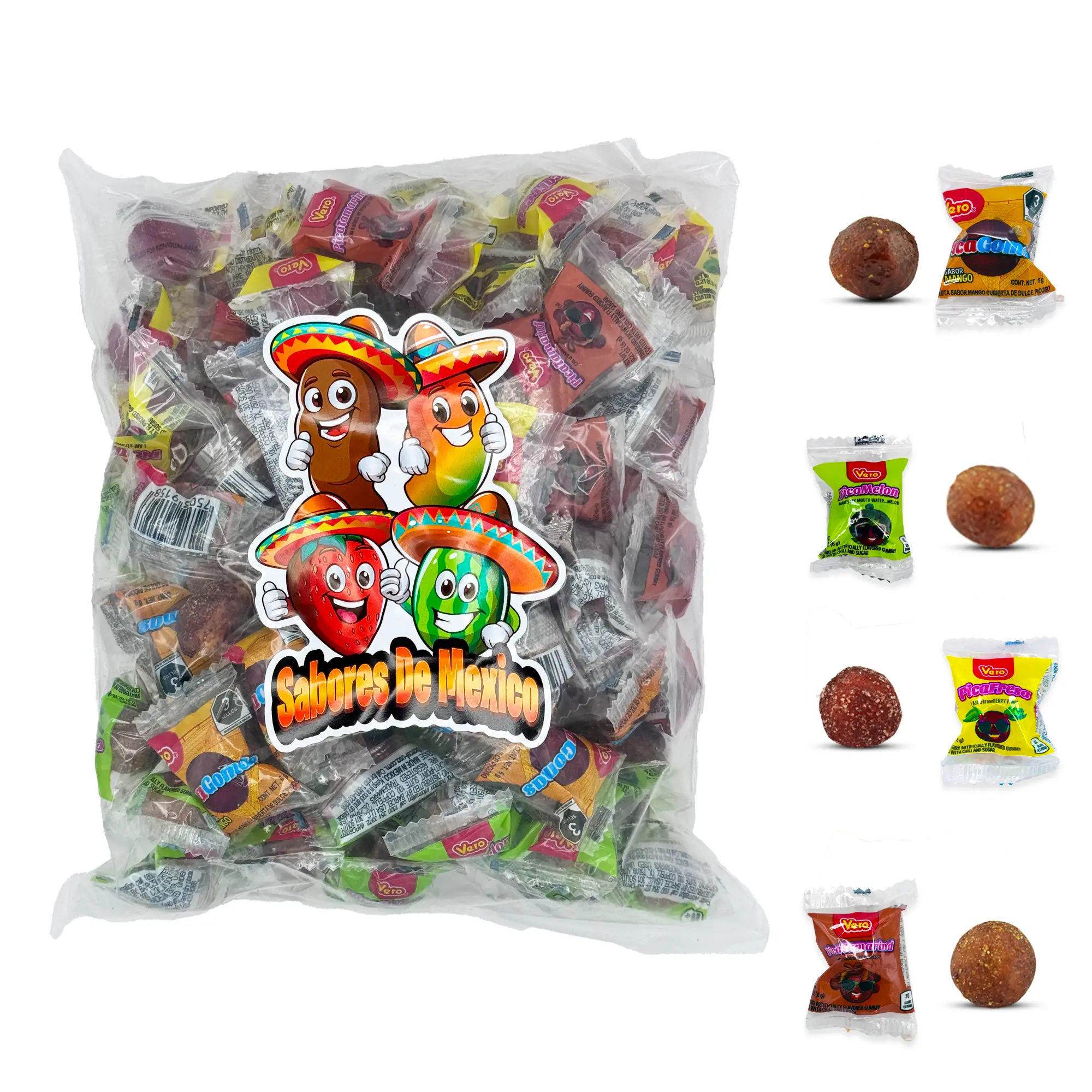 100 Pcs Vero Pica Fresa Pica Goma Mix - Spicy Strawberry, Tamarindo, Sandia, Mango Mexican Candy Dulces Mexicanos Sweet Snack Gummy Bonbon Mangga