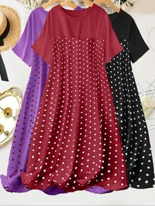 [plus Size] Polka Dot Print Lettuce Trim Crew Neck Loungewear Dress, Cute Casual Soft Comfortable Round Neck Short Sleeve Nightdress for Women Lady, Women's Sleepwear for All Seasons, Womenswear