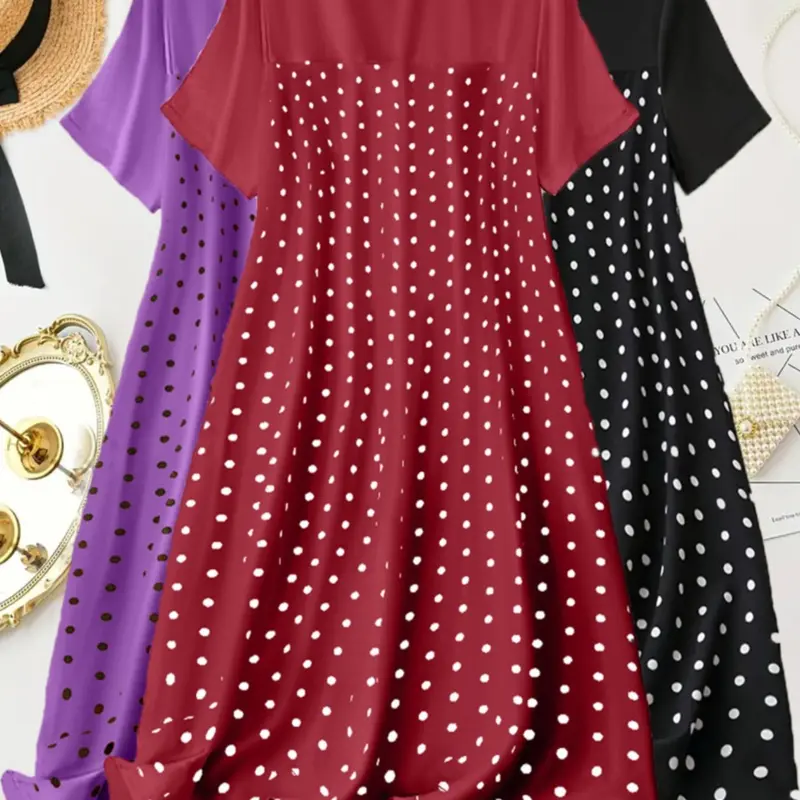 [plus Size] Polka Dot Print Lettuce Trim Crew Neck Loungewear House Dress, Cute Casual Soft Comfortable Round Neck Short Sleeve Nightdress for Women Lady, Women's Sleepwear for All Seasons, Casual Nightwear, Womenswear