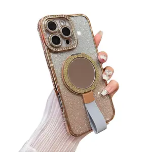 Pink & Black Luxury Sparkle Mirror iPhone Case with Stand | Bling Rhinestone Shockproof Cover for 15/16/17 Pro Max