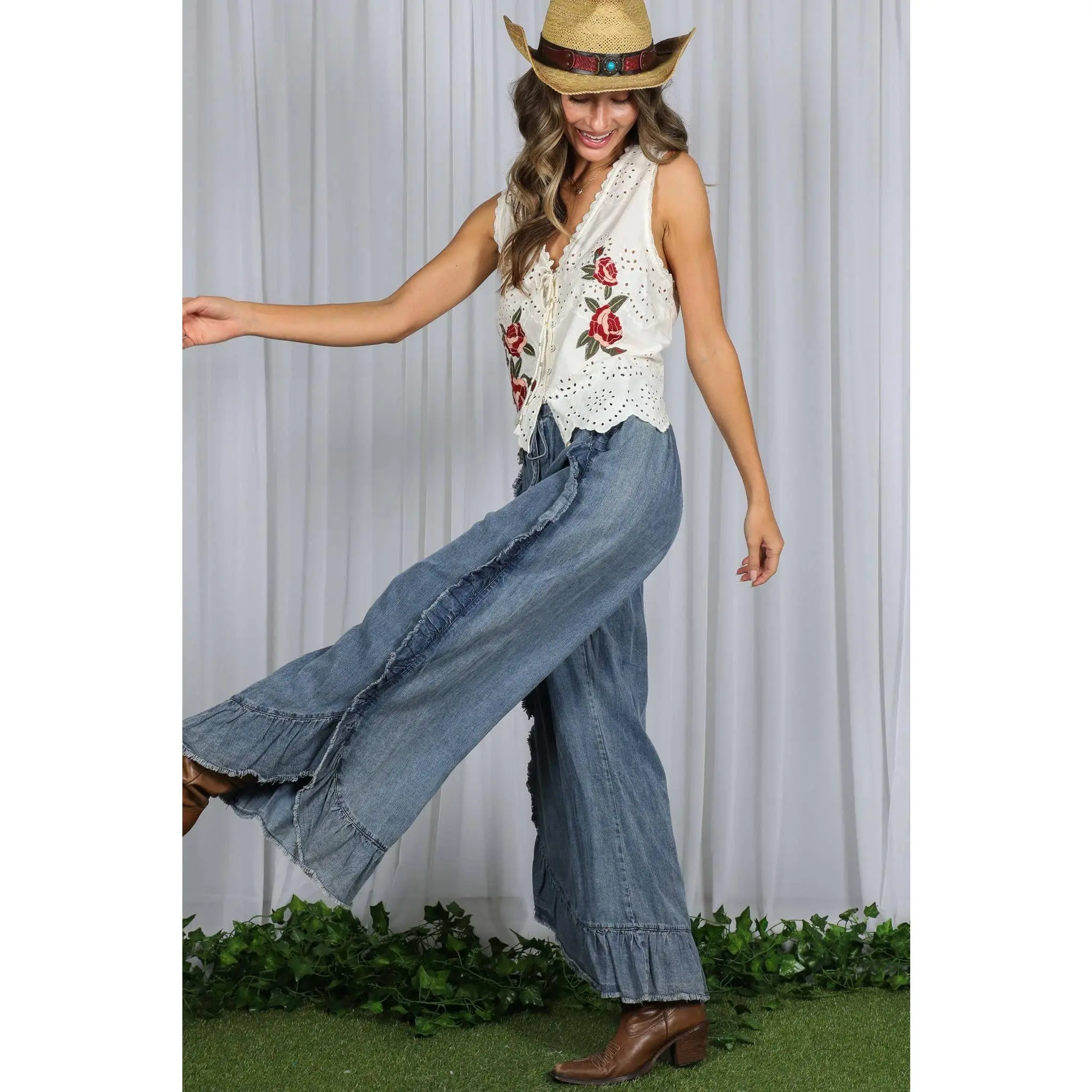 Vine & Love - Flared Ruffle Hem Washed Chambray Crop Denim Pants