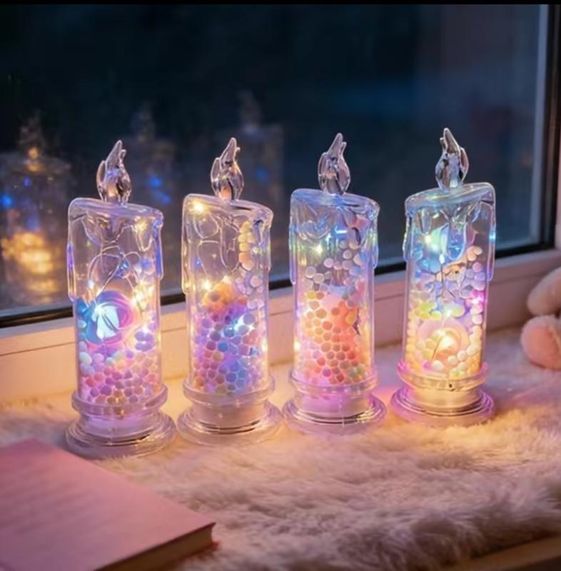 Set of 4 Multicolor Rose Flame-Free Candles Creative Ambiance Romantic Candles LED Realistic Electronic Candles with Preserved Flowers Night Light Decorative Piece Valentine's Day, Halloween, Christmas Gifts Wedding & Proposal Decorations