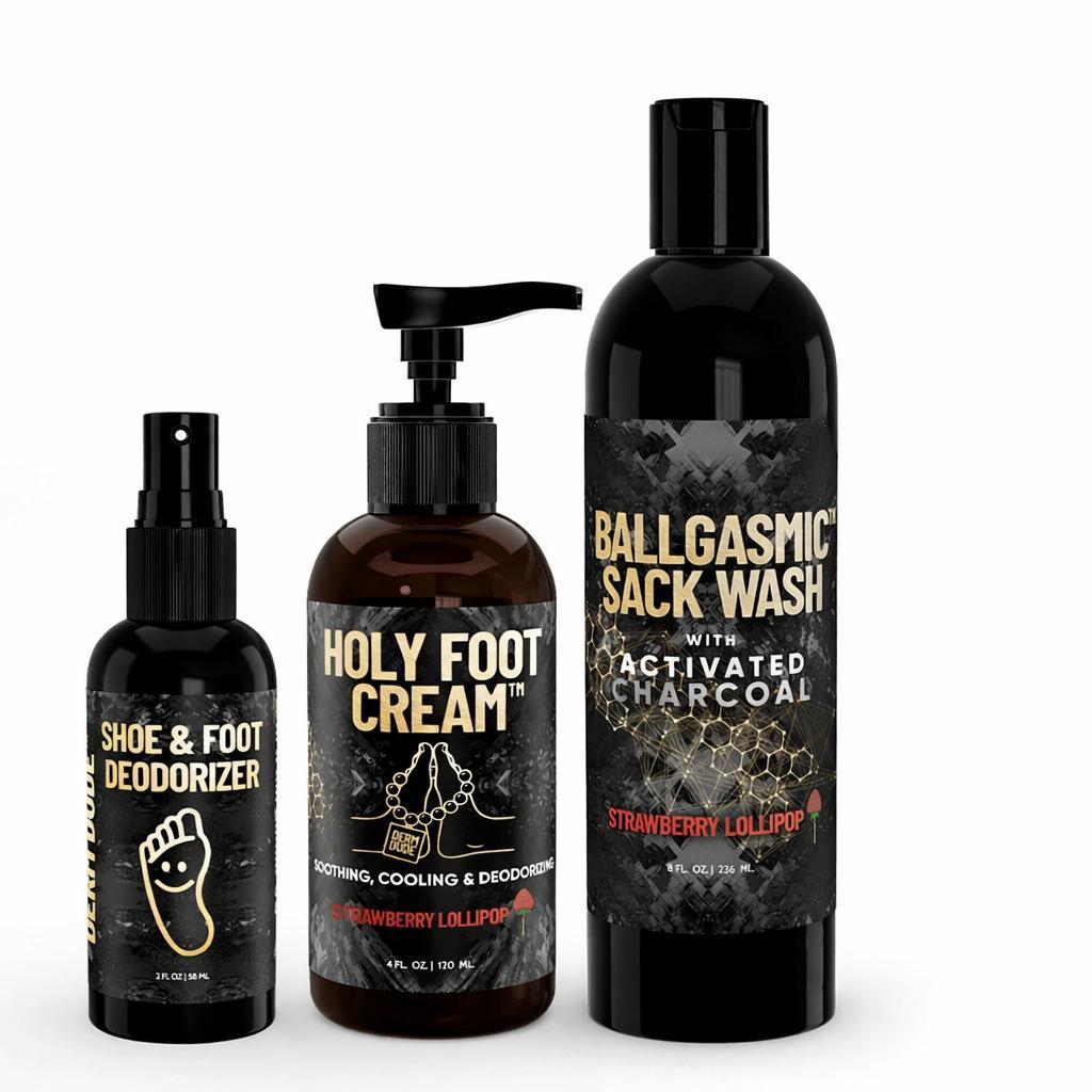 Derm Dude Foot & Sack Pack| Happy Sack Ball Deodorant Anti Chafing Cream & Holy Foot Cream | Odor Control - Strawberry Lollipop Scent