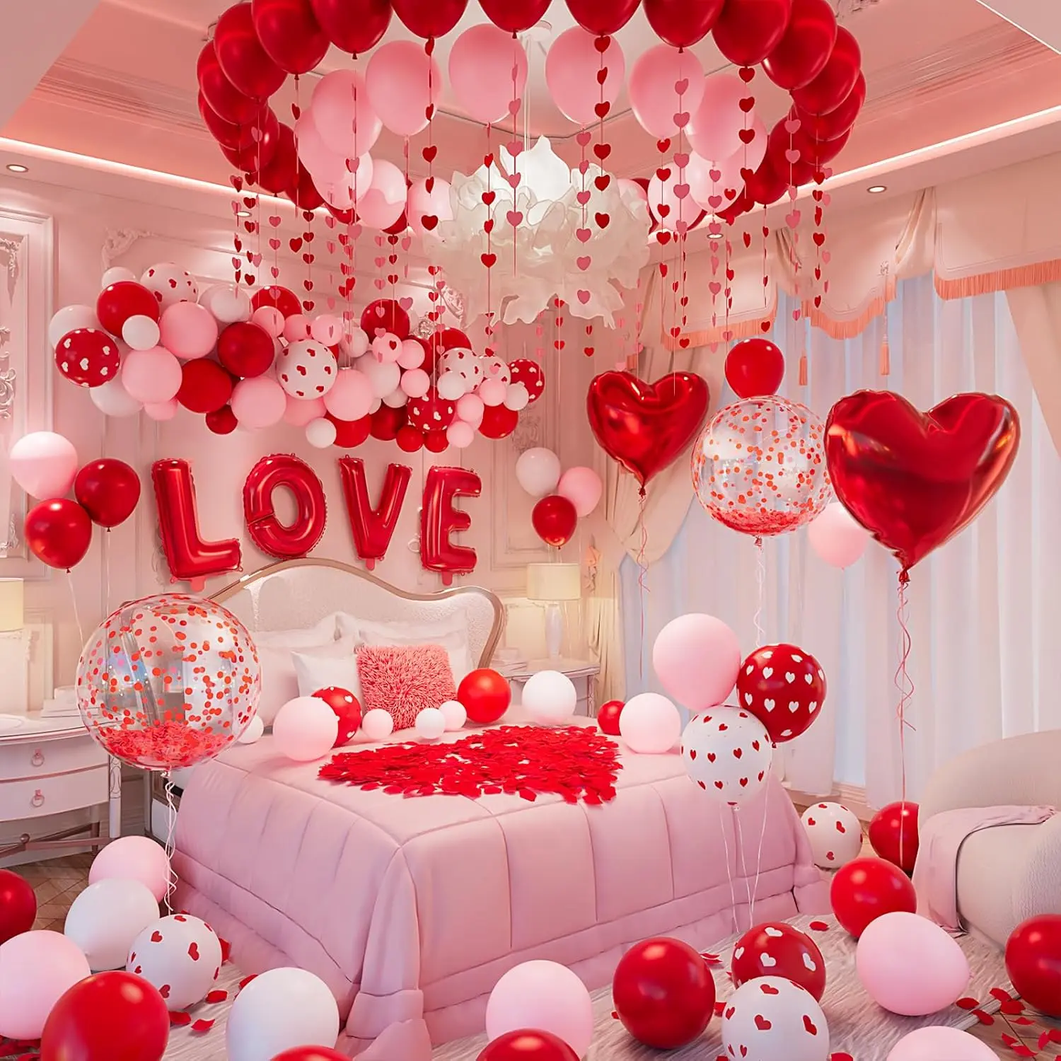 Valentines Day Bedroom Decorations Balloon Arch Kit, Romantic Love Balloons Set with 32" LOVE Foil Letters, Heart Balloons, Rose Petals for Proposal, Anniversary & Couples Surprise