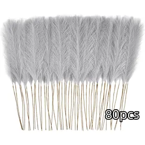 80pcs Faux Pampas Grass Grey, 21.6inch/55cm Artificial Pompous Grass Floral Fake Pompas Grass Branches Vase Filler Flower Arrangement for Home Wedding Boho Decor