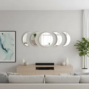 5 Pcs Moon Phase Mirror Acrylic Wall Stickers Self-Adhesive Art Mirror Wall Decals Scandinavian Moon Mirror Wall Decoration Bohemian Home Decor for Bedroom Living Room Bathroom Ornaments