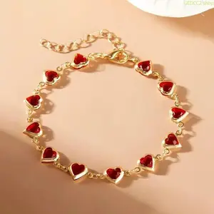 Elegant Red Crystal Zircon Heart Charm Bracelet, Women's Fashion Jewelry, Trendy Wrist Accessory for Party & Wedding, Perfect Gift for Women