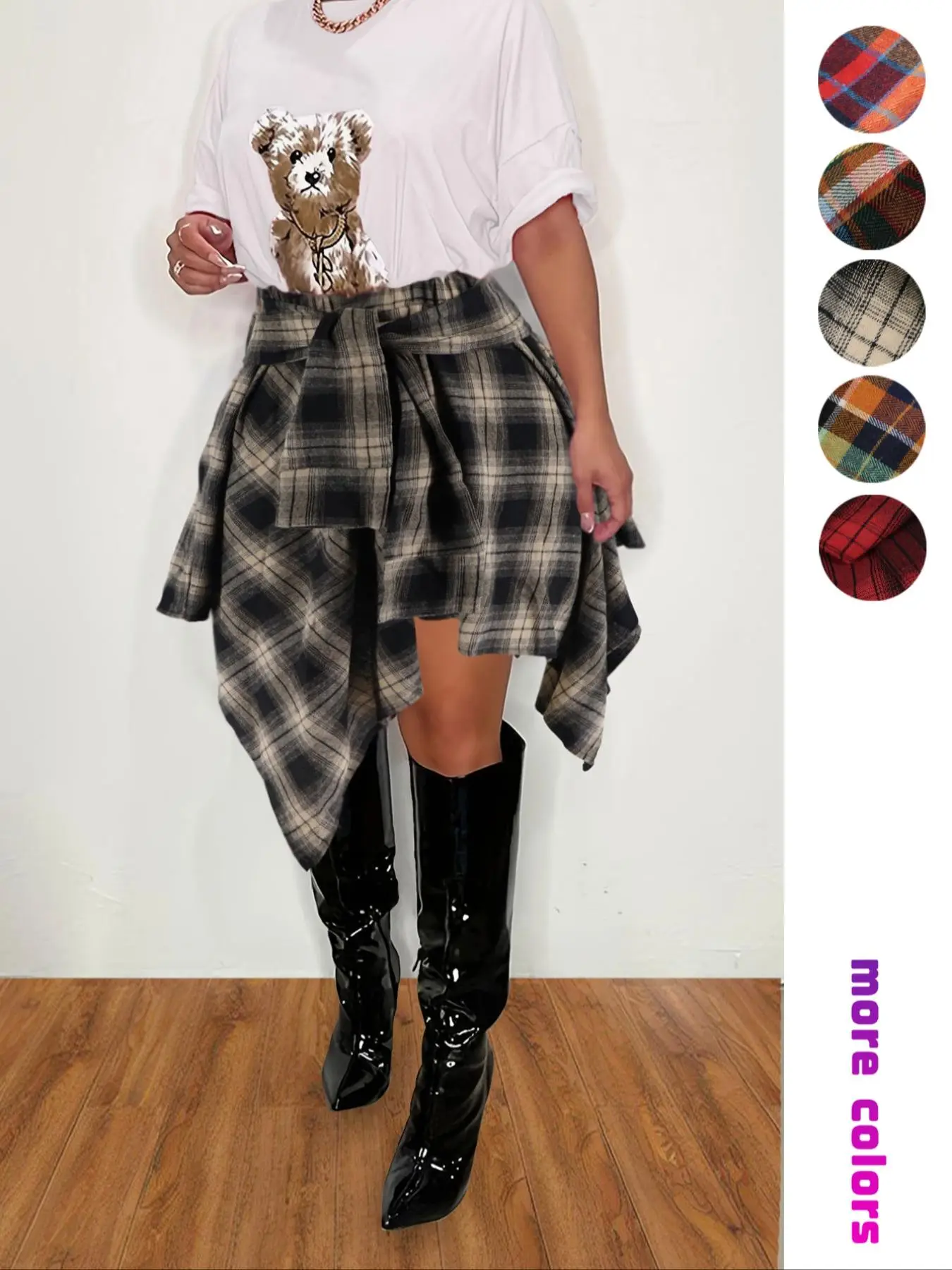 Women's Plaid Print Asymmetrical Hem Skirt, Casual Fashion Tie Front A Line Skirt for Daily Wear, Ladies Summer Clothes
