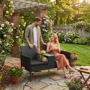 Outdoor Patio Loveseat with Storage Table, Handwoven Rattan with Washable Covers, for Porch, Balcony, Backyard, Conversation Furniture