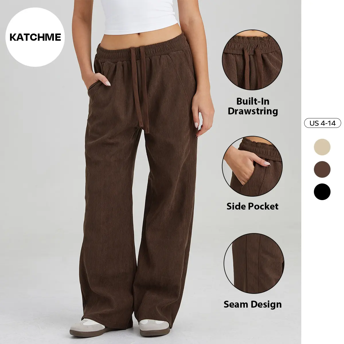 KatchMe Women's Minimalist Solid Color High Waist Side Seam Wide Leg Trousers, Casual Side Pocket Soft Pants for Daily Wear, Versatile Women's Bottom