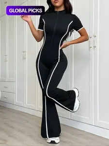 Women's Colorblock Zipper Fall Winter Fleece Lined Knit Yoga Jumpsuit, Workout Jumpsuits, Long Sleeve Slim Fit Casual Fashion Clothes