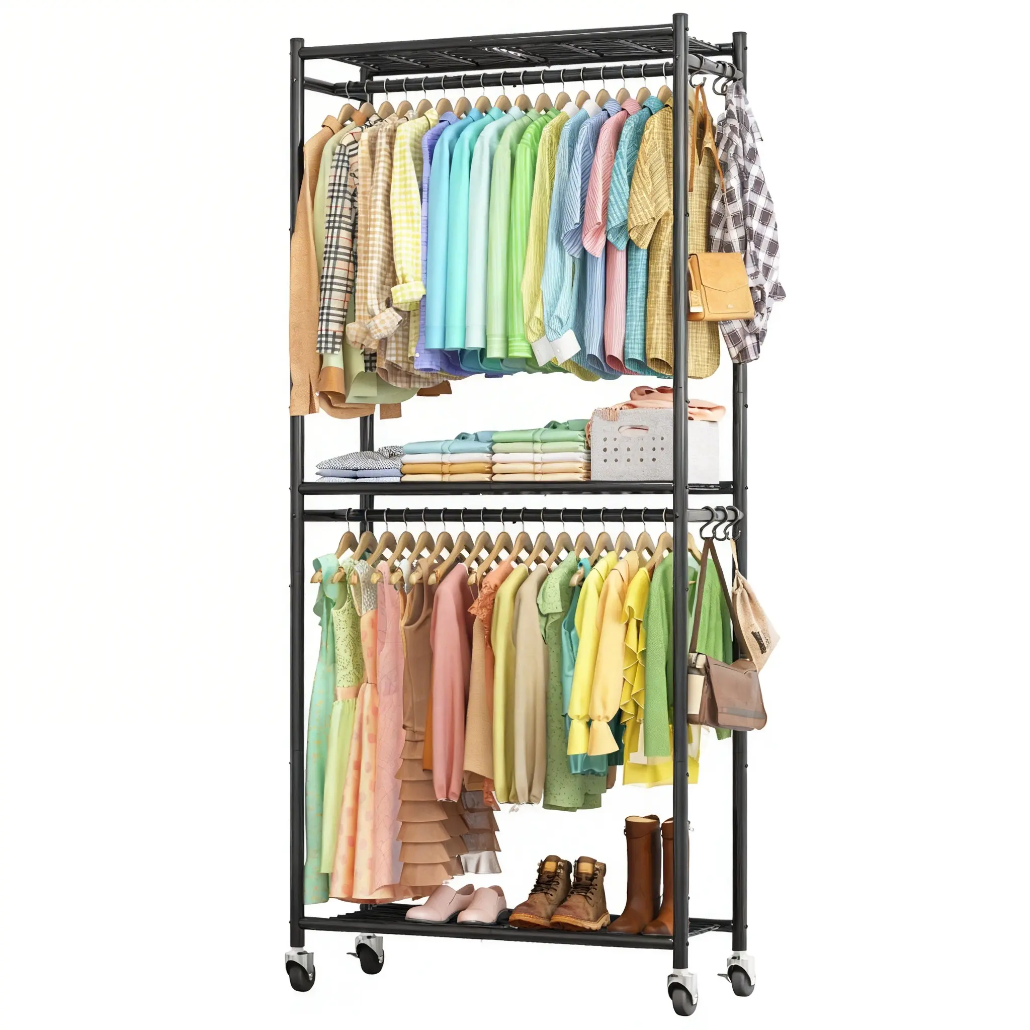 Freestanding Black Metal Garment Rack with Shelves, Iron Spray Coated Clothes Storage Organizer for Bedroom Closet, Heavy Duty Clothing Rack for Hanging Jackets, Dresses and Shoes, Multi Functional Wardrobe Stand for Home Storage