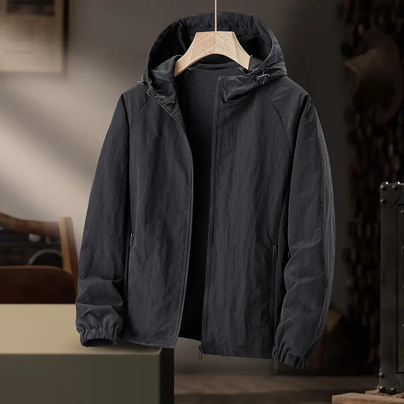 Menswear Plain Long-Sleeve Stylish Hooded Windproof Full-Zip Coats - Mesh Lining, Raglan Sleeves, Elastic Cuffs, Softshell Outdoor Outerwear for Hiking, Cycling