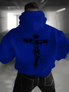 Men's High Street Trend Graphic Print Hoodie with Unique Jesus Cross Print, Casual Long Sleeve Fitted Pullover for Fall & Winter, Comfortable Daily Wear, Street Fashion Hoodie