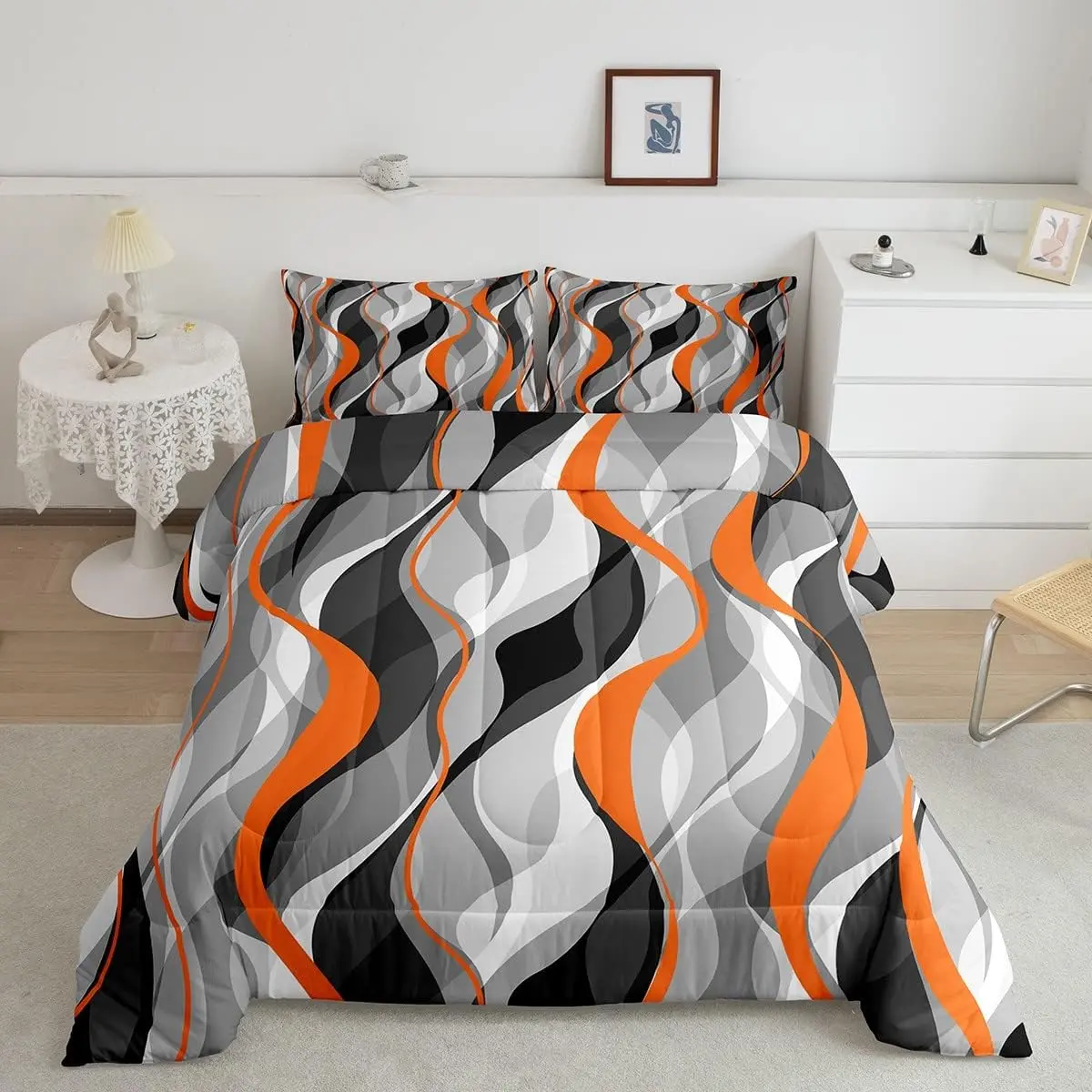 Feelyou Orange Grey Black Striped Designer Comforter Set - Geometric, Luxury, Modern Abstract Art, Super Soft, Breathable, Decorative Microfiber Bedding Duvet Set, Breathable Duvet Set, Decorative Bedding Set