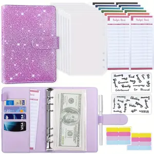 A6 Glitter, Sparkling PU Leather Binder, Planner Notebook, Weekly Planner, 6 Ring Budget Planning Storage Bag with 8 Zipped Cash Envelopes, 12 Expense Budget Sheets, 2 Letter Label Stickers for Budget, Save Money