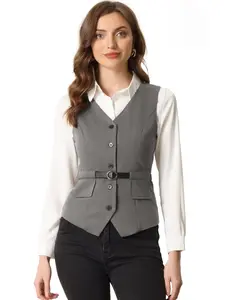 INSPIRE CHIC Business Casual Button Up Belt V Neck Sleeveless Waistcoat Suit Vest