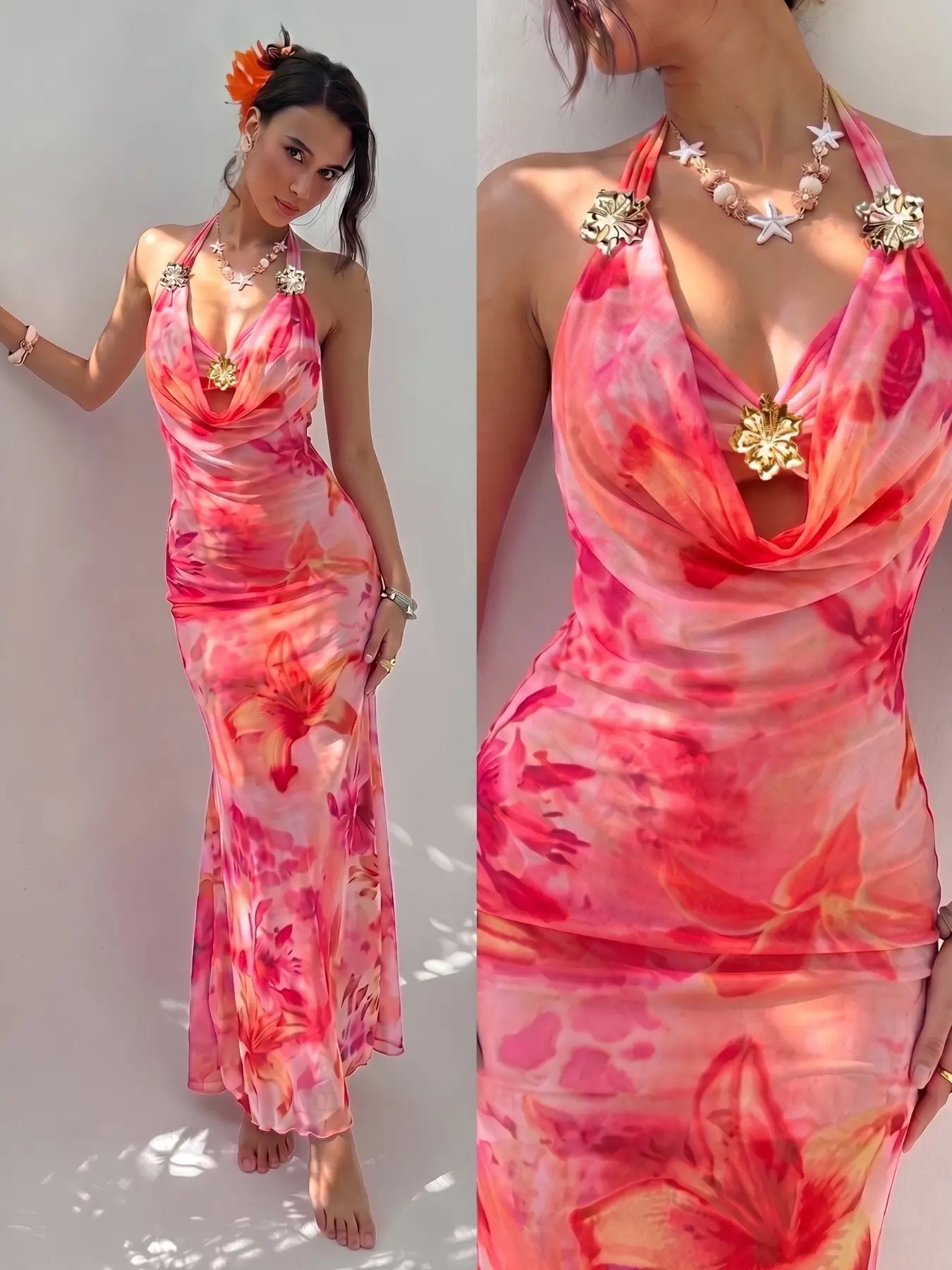 Versatile Floral Mesh Bodycon Dress - Elegant Outfit, Wrinkle Resistant, Lightweight for Daily & Hangout Women's Gradient Floral Halter Neck Mesh Slim Fit Mermaid Long Dress, Tropical Vacation Style, Bohemian Romantic, Beach Date