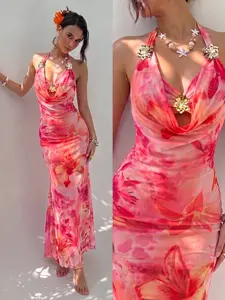 Versatile Floral Mesh Bodycon Dress - Elegant Outfit, Wrinkle Resistant for Daily & Hangout Women's Gradient Floral Halter Neck Mesh Slim Fit Mermaid Long Dress, Tropical Vacation Style, Bohemian Romantic, Beach Date