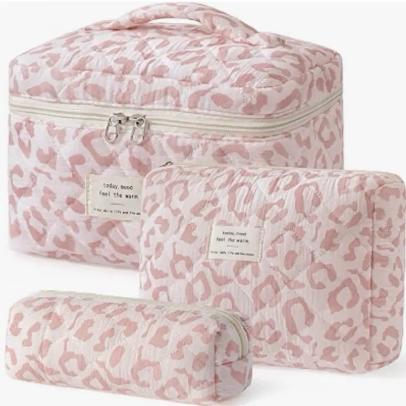 HBselect Quilted Makeup Bag, 3Pcs Cotton Large Travel Makeup Bags Organizer Cute Floral
