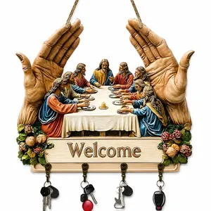 Flat Jesus and Disciples Wall Art Keychain Holder, Rustic Farmhouse Religious Decor, Religious Gifts for Family, Friends Wooden Wall Shelf Wall Mountable