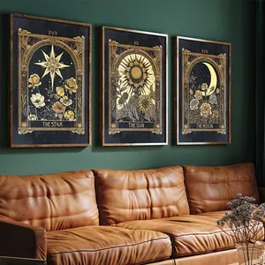 3pcs Boho Sun, Moon & Stars Tarot Card Art Canvas Print - Vintage Astrology Wall Decor for Living Room, Bedroom, Home Office - Unframed Ink on Canvas, Retro Botanical Posters with Astrological Signs, Perfect for Cozy Spaces Wall Art Painting