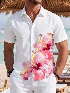 Hibiscus Print Tropical Hawaiian Shirt, Men's Beach Short Sleeve Casual Shirt, Vacation Resort Button Up, White Floral | TikTok Viral