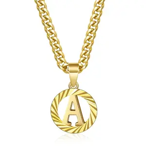 Gold Initial Necklace,14K Gold Plated Round Letter Pendant Hollow Capital Monogram 5mm Cuban Chain Necklace Alhpabets from A-Z Dainty Jewelry for Women Men Valentine's Day Gifts