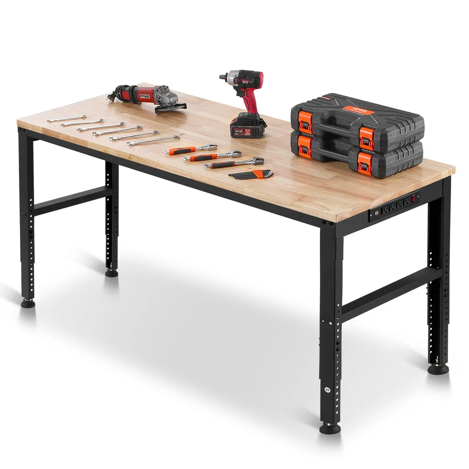 VEVOR Heavy-Duty Height Adjustable Desk Workbench, 2000lb Capacity, 61x20in Size, 27.1-36 inches Height Range, with Power Outlets, Suitable for Garage, Workshop Working