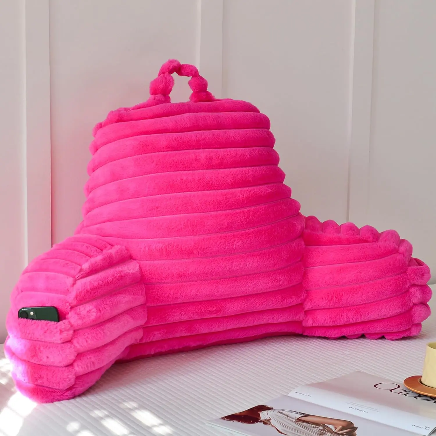Women's Large Bolster Reading Pillow with Arm Supports - Hot Pink Back Support for Bed, Couch Sitting or Lounging