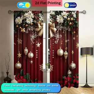 2pcs Christmas Theme Curtains, Velvet with Gold Snowflakes and Colorful Balls, Polyester Fabric, Durable Lightweight, Home Decor