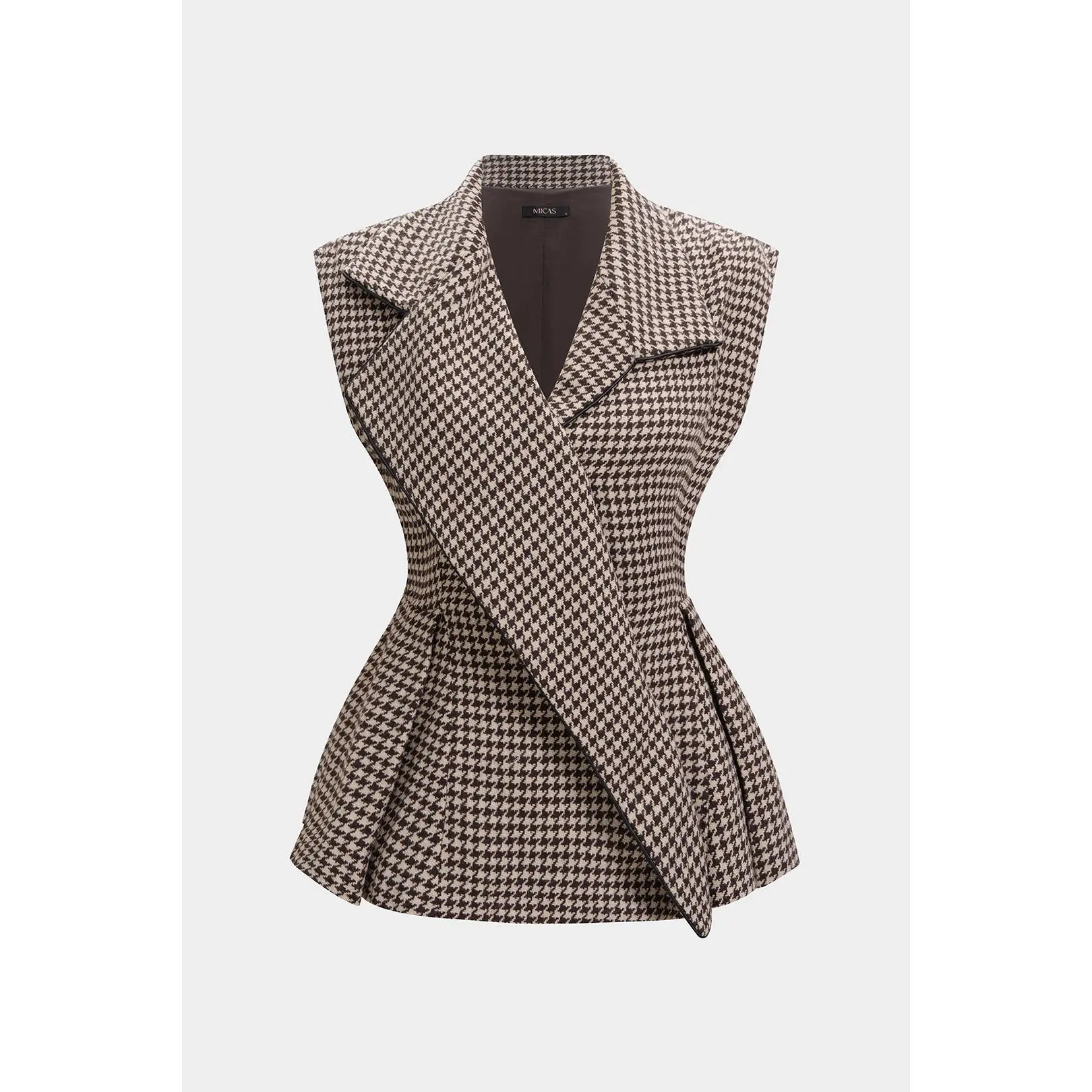 Houndstooth Print Tweed Notched Lapel Vest
